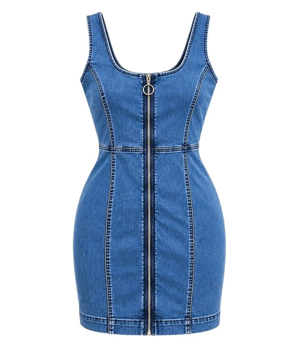 GUESS Denim Mini Dress Sz 6 Y2K Bodycon Zip Front O Ring Grunge Baddie Revival